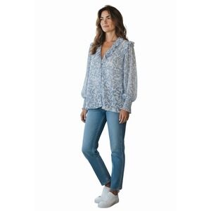 MISA Los Angeles Floral Ruffle Tie Neck Blouse Blue White Boho Size L